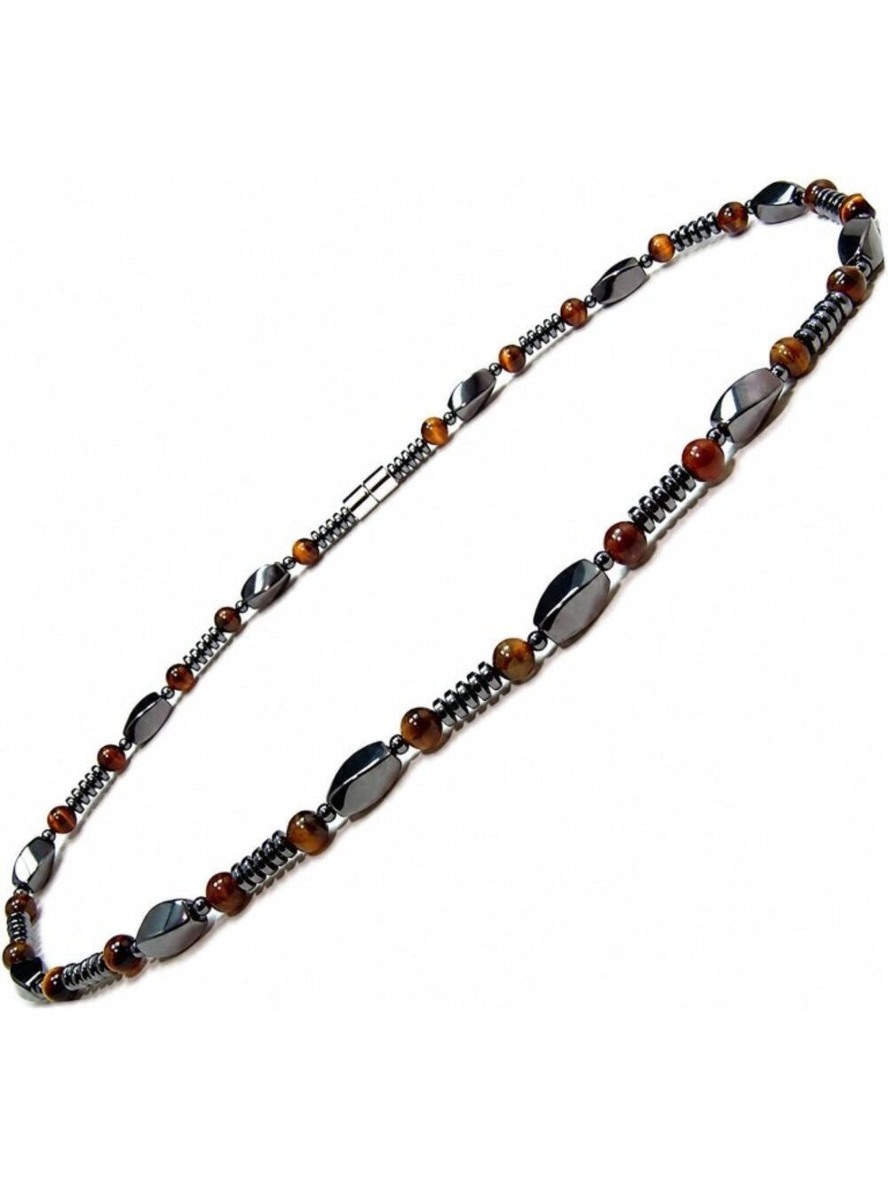 Men's Tiger Eye & Hematite Beaded Necklace - Natural Stone Jewelry, Magnetic